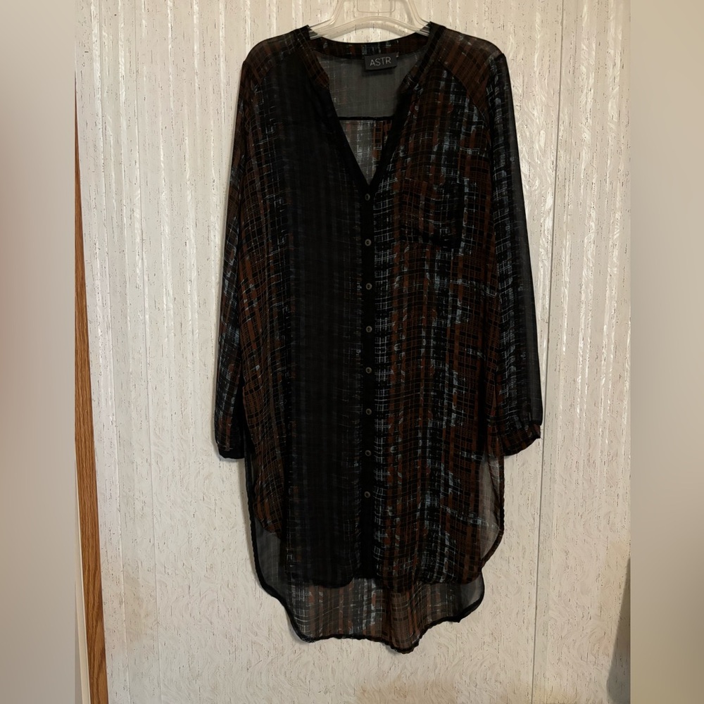Astr Sheer Black and Brown Plaid Button Down Shirt